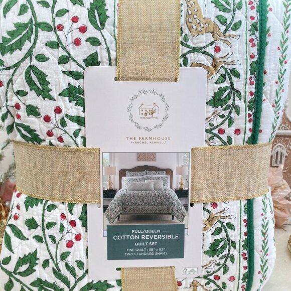 THE FARMHOUSE RACHEL ASHWELL Holiday Holly Berry Reindeer F/Queen Quilt 3PC Set - Picture 3 of 7